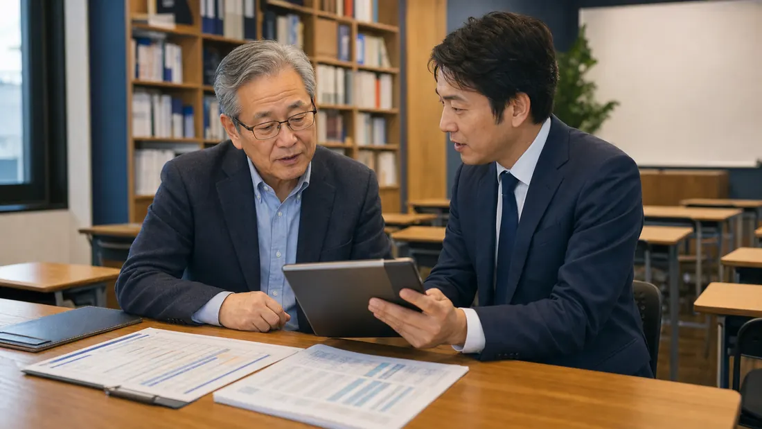 学習塾M&Aの事業承継について相談するオーナーとアドバイザー