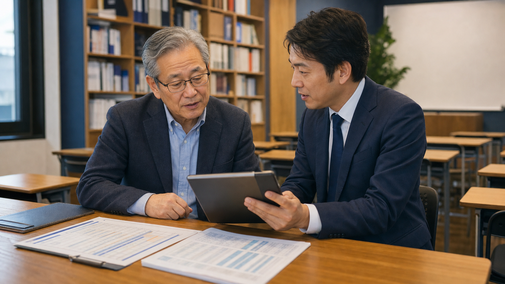 学習塾オーナーとM&Aアドバイザーが教室で資料を確認している様子
