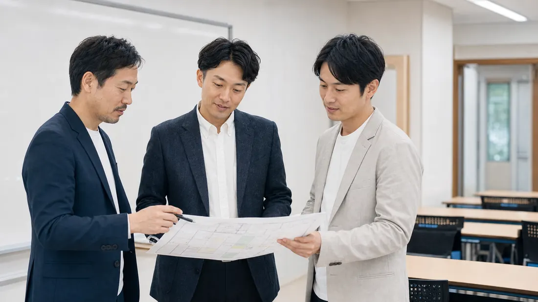 学習塾の譲渡側と譲受側が承継条件を確認するイメージ